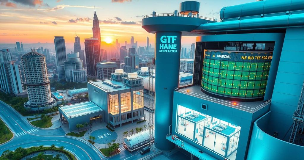A modern semiconductor factory reflecting Malaysia's chip ambitions with advanced technology and a vibrant landscape.
