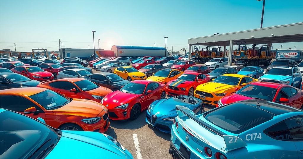 A vibrant car lot filled with various vehicles under a clear blue sky, representing car imports to Kyrgyzstan.