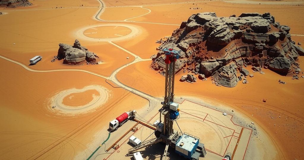 Aerial view of arid Namibian landscape showcasing drilling sites and mineralized rock formations in earthy tones.
