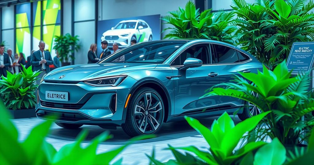 Electric vehicles showcased at launch event in Addis Ababa with modern design and green background