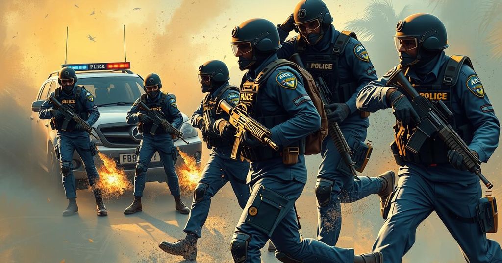 Police operatives in action, arresting criminals, showcasing law enforcement efforts in Niger, vivid colors.