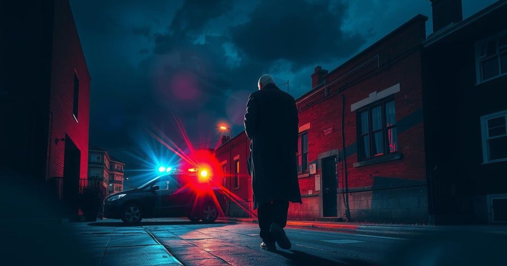 A dramatic scene depicting an arrest at night surrounded by dark buildings with police lights in the background.