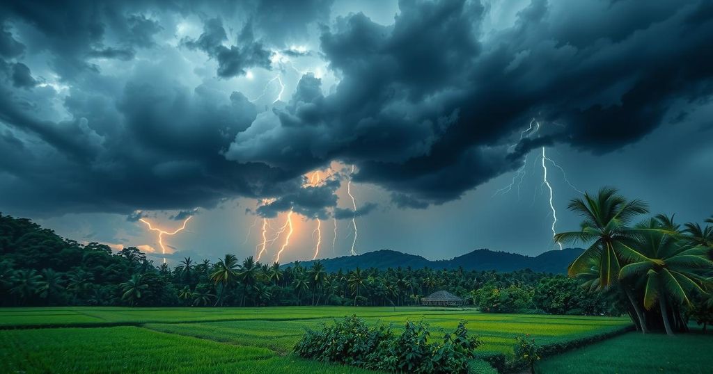 Tropical wave over Cuba, with dark storm clouds and heavy rain, vibrant colors reflecting seasonal changes in weather.