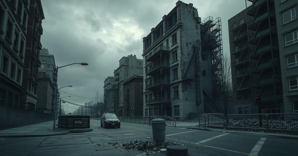 A stark depiction of a desolate urban landscape, conveying a sense of crisis with muted colors and dramatic shadows.