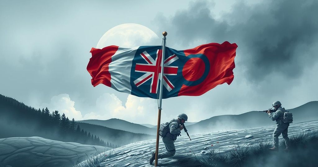 A symbolic representation of unity between nations with a backdrop of a military landscape and flags.