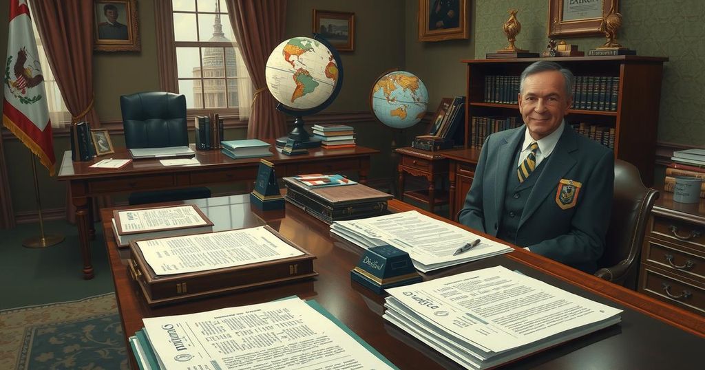 A diplomatic setting featuring official documents and a globe, symbolizing international education policy changes.