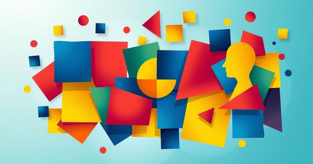 A colorful abstract design with vibrant colors and geometric shapes, representing discussion and community.
