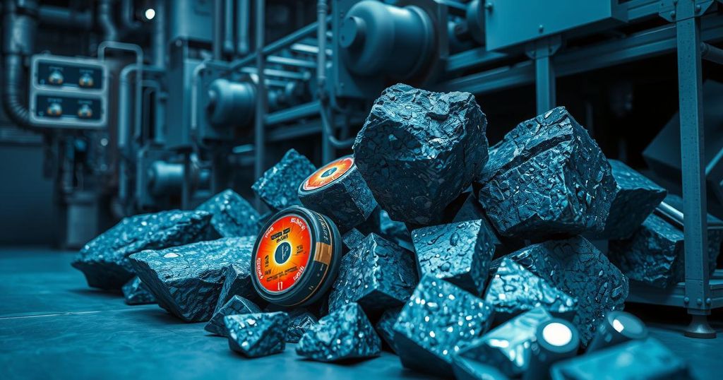 Graphite, lithium, and cobalt minerals showcased in a vibrant, industrial style with dark blue and metallic colors.