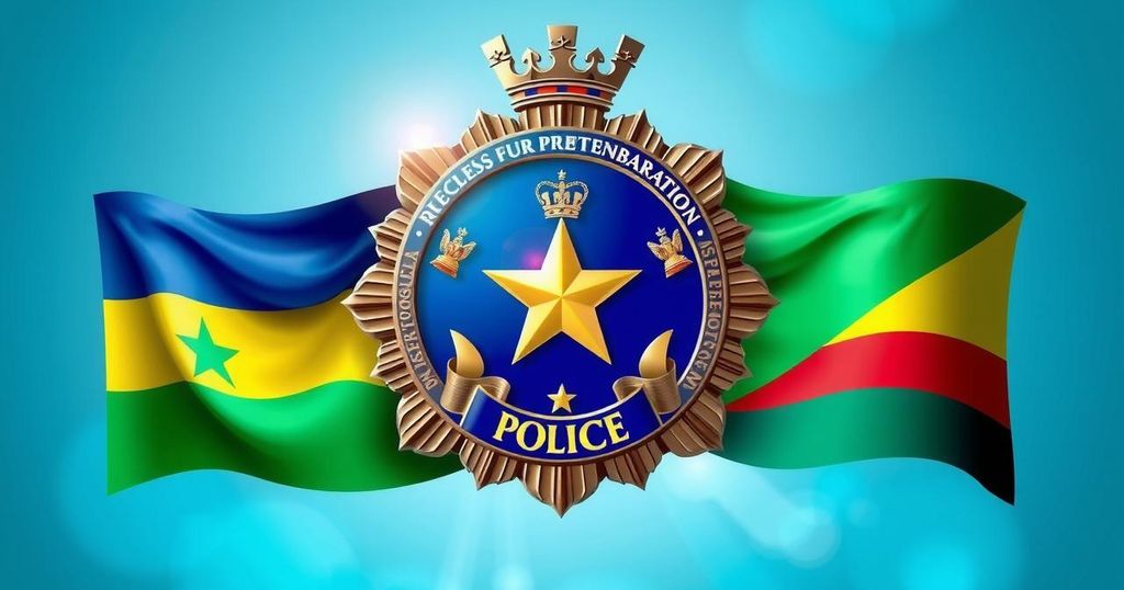 Ghana Police Service celebrating successful international crime prevention operations with flags and police badges