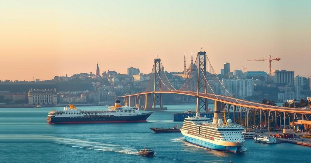 Serene Istanbul cityscape with iconic skyline and Bosphorus Bridge, conveying the backdrop for peace talks.
