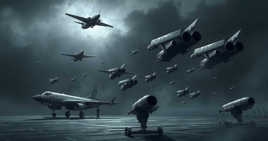 Military preparations showcasing aircraft and missiles in an alert environment with dark colors and dramatic lighting.