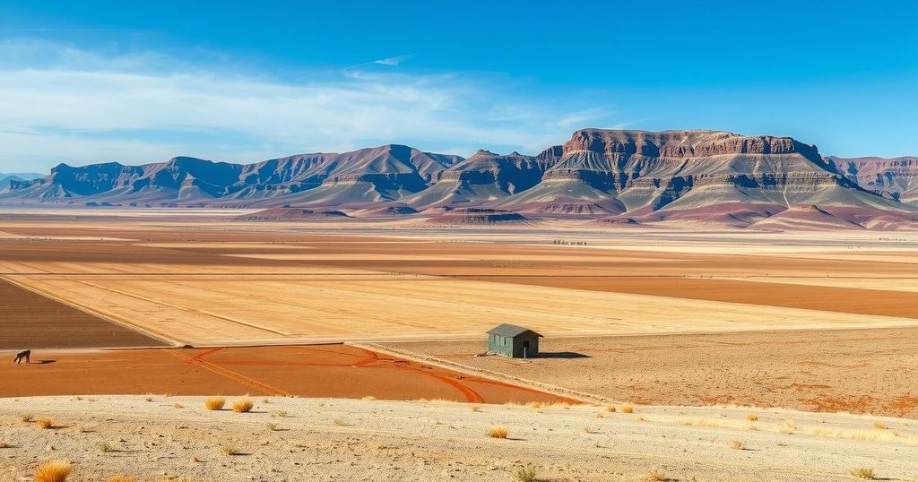 South African landscape showing rising terrain due to water loss, with dry fields and a blue sky.