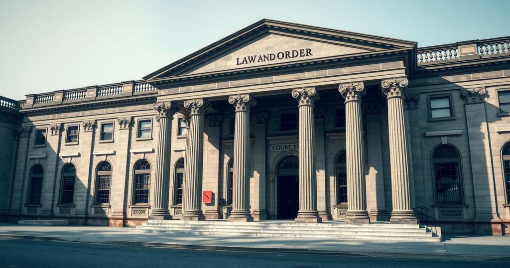 Dublin court building surrounded by security forces representing law and order, with a focus on the architecture.