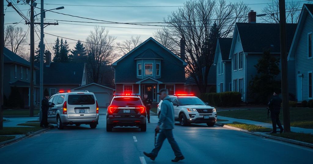 A dramatic scene of an empty residential street at dawn, with police cars surrounding a house and military presence in the background.