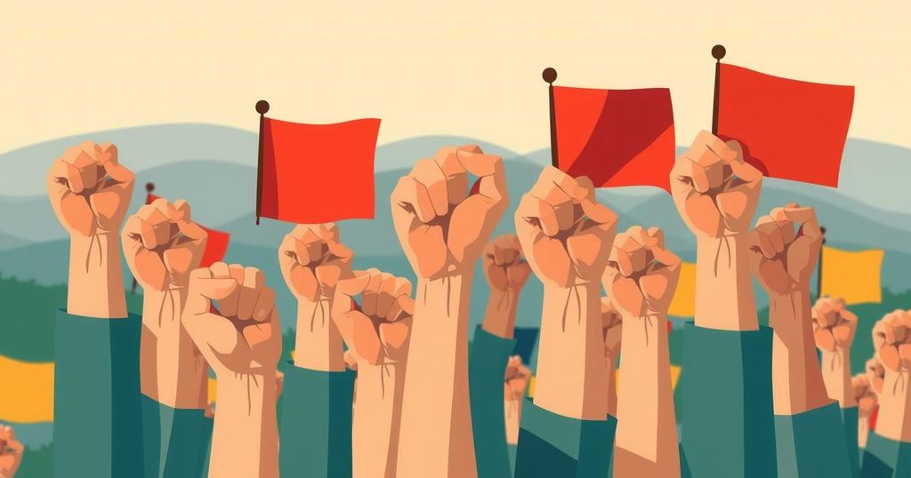 Symbolic representation of protest with raised fists and banners in a peaceful setting.