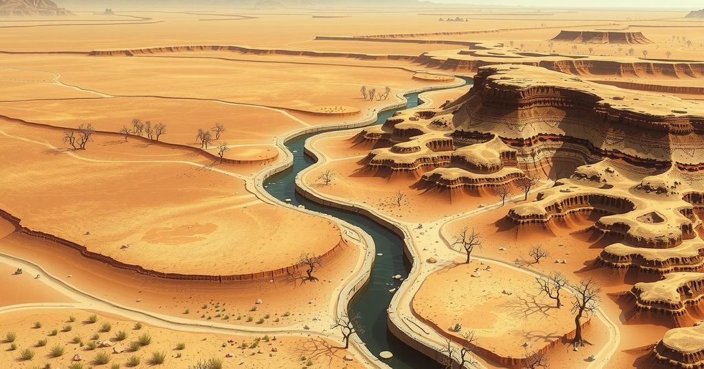 Aerial view of vast arid landscape showing dried riverbeds and sparse vegetation, symbolizing water scarcity in Africa.