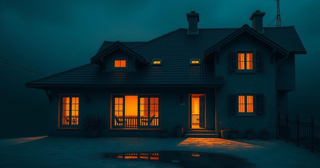 Scene of a house in Dili with dramatic lighting, conveying a sense of tension and uncertainty.