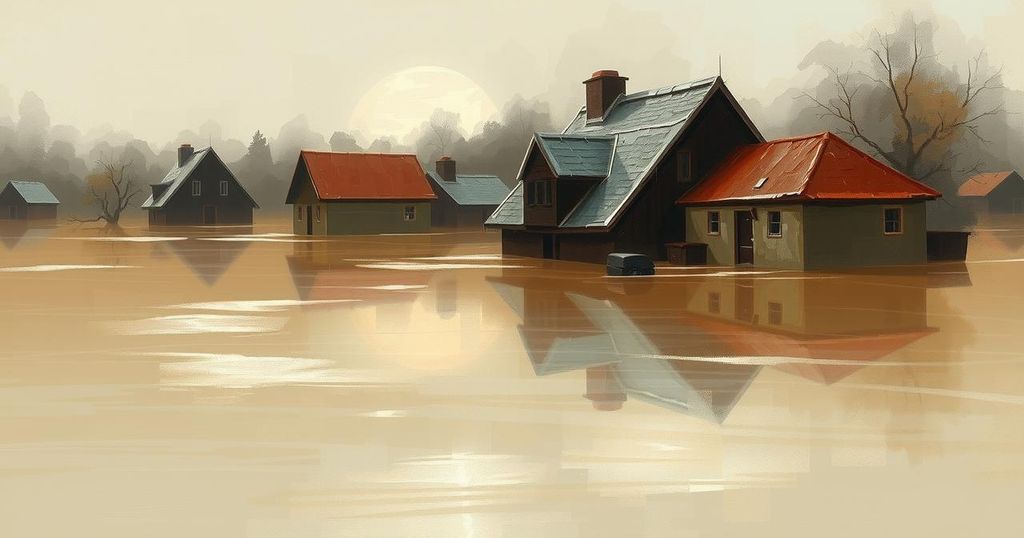 A submerged landscape with roofs peeking through floodwaters, illustrating the devastation of severe weather in Nigeria.