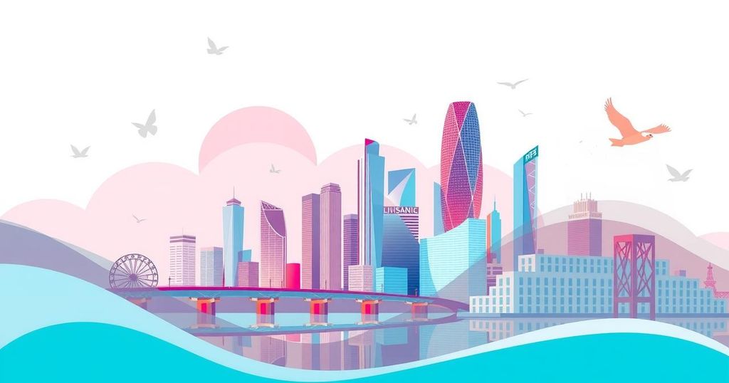 Skyline of a city indicative of migration with abstract representations of movement and hope in soft pastel colors.