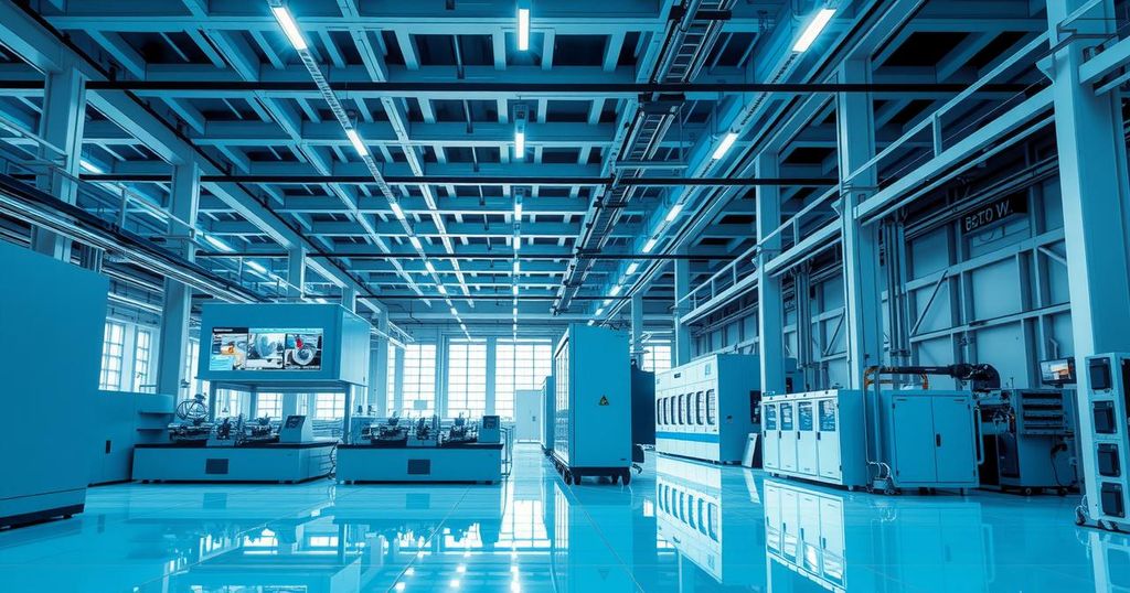 A high-tech semiconductor manufacturing facility with modern equipment and machinery focused on chip production.