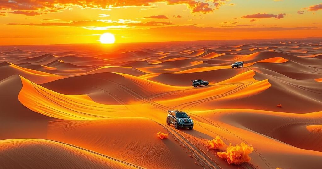 Desert landscape featuring vibrant sunset hues, racing cars, and sand dunes symbolizing thrill and adventure.