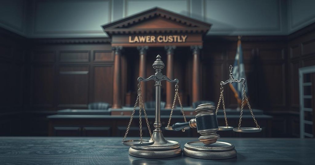Two handcuffs against a backdrop of a courtroom, symbolizing justice and law enforcement efforts.