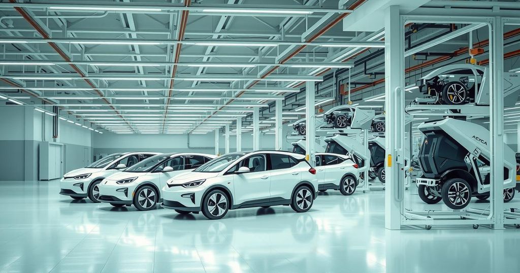 Electric vehicle assembly plant in Egypt showcasing modern machinery and eco-friendly electric vehicle designs.