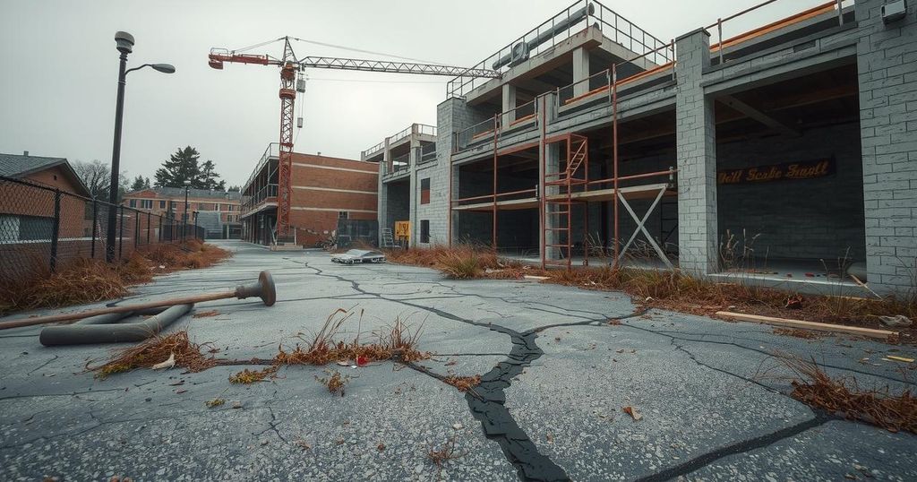 A construction site with abandoned equipment and a distressed environment highlighting labor issues.