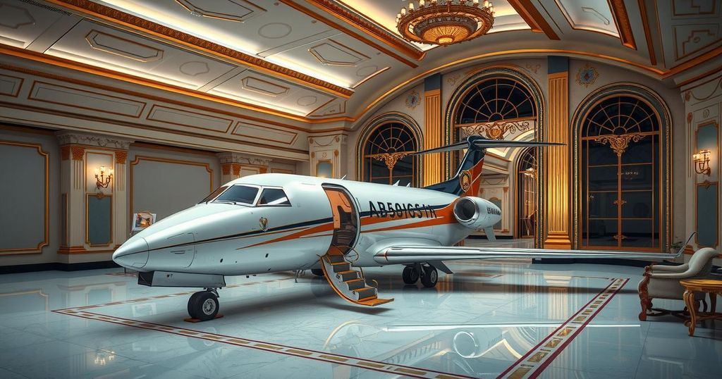 A luxury aircraft parked in an extravagant setting, showcasing opulence and the essence of diplomatic gifts.