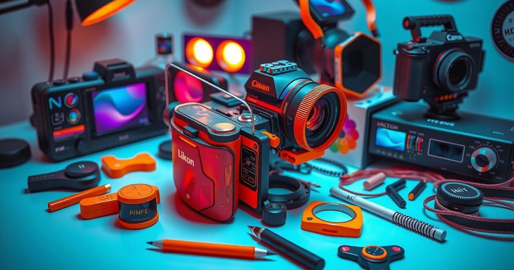 An artistic representation of videography, showcasing a vibrant camera and visual effects tools in a creative workspace.