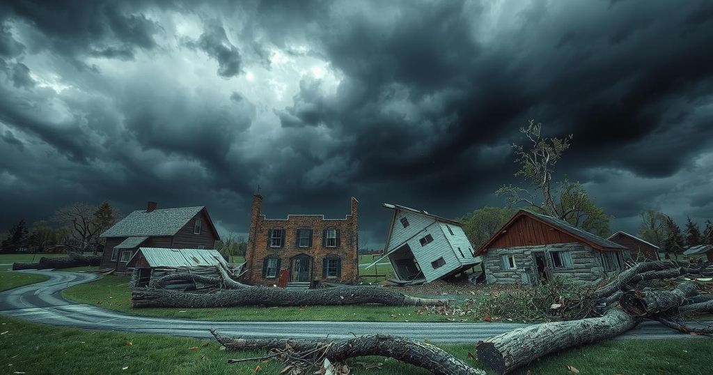 Destructive tornado path with damaged buildings and fallen trees under a stormy sky in muted colors.