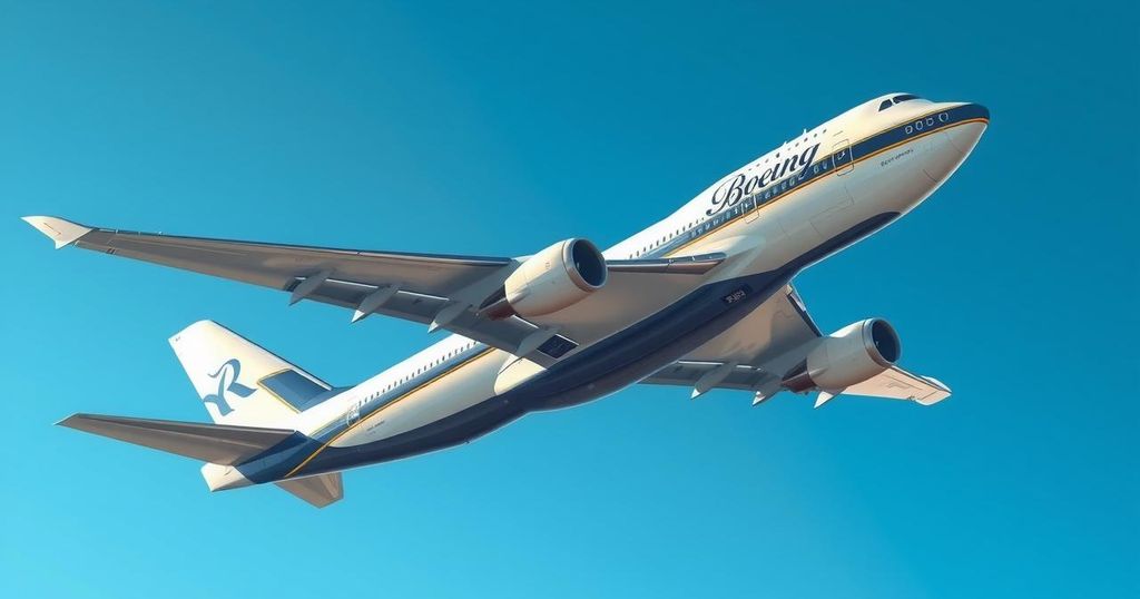 Boeing 747 jet against a bright blue sky, symbolizing luxury and aviation with sleek lines and modern design.