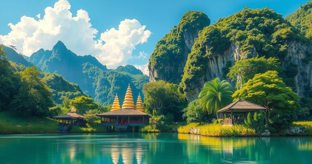A serene landscape in Malaysia featuring lush greenery and clear blue skies, showcasing natural beauty.