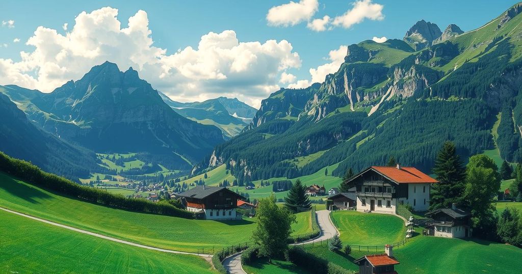 A scenic landscape of Switzerland featuring mountains, lush greenery, and traditional Swiss architecture under a bright blue sky.