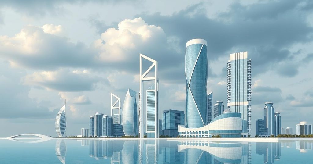 A modern skyline of the United Arab Emirates with abstract architectural designs under cloudy skies, symbolizing insurance.