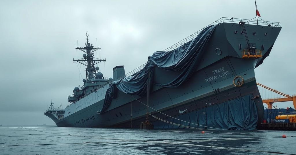 A naval warship capsized, covered with blue tarpaulin, set against a gray sky at a port.