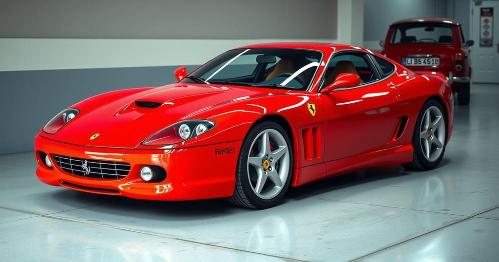 A vintage red Ferrari 512 TR parked in a pristine garage showcasing its sleek design and luxury features.