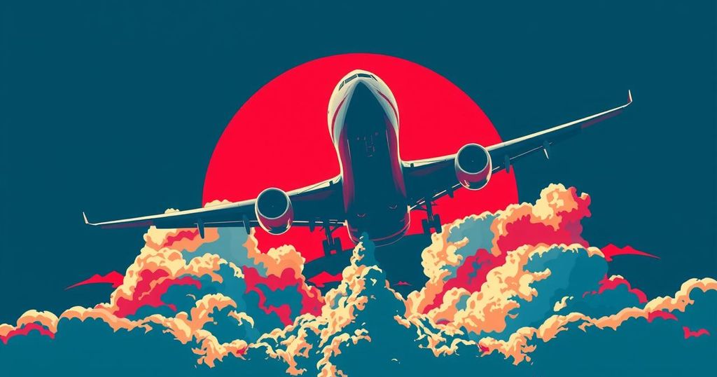 A political scene with a large luxury airliner, symbolizing controversies surrounding political gifts, in vibrant colors.