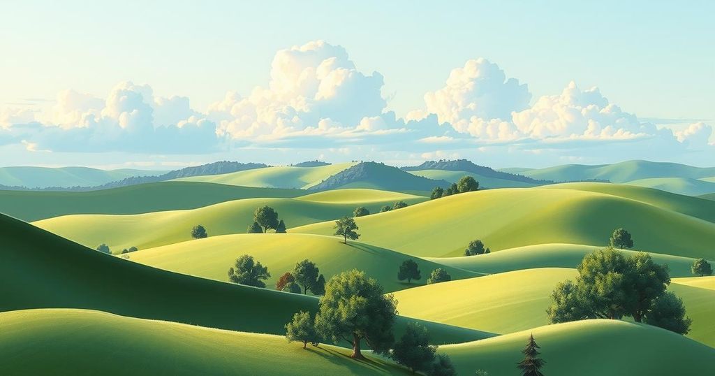A serene landscape of rolling hills and trees in a calm valley, symbolizing resilience and nature's tranquility.