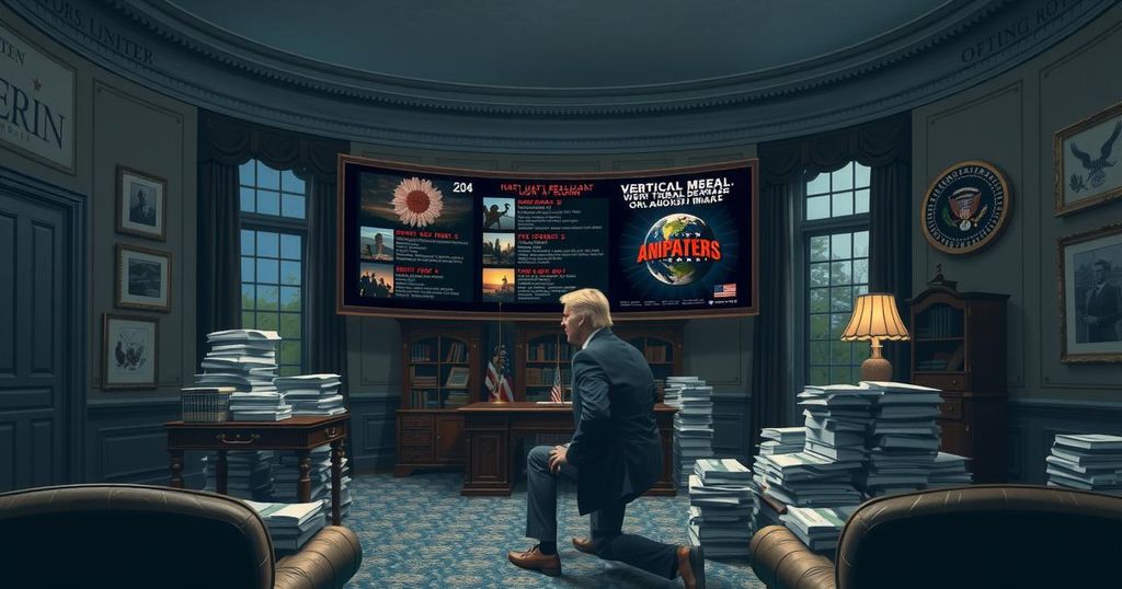 A stylized depiction of the Oval Office with dim lights, a large screen, and stacks of documents representing diplomacy.