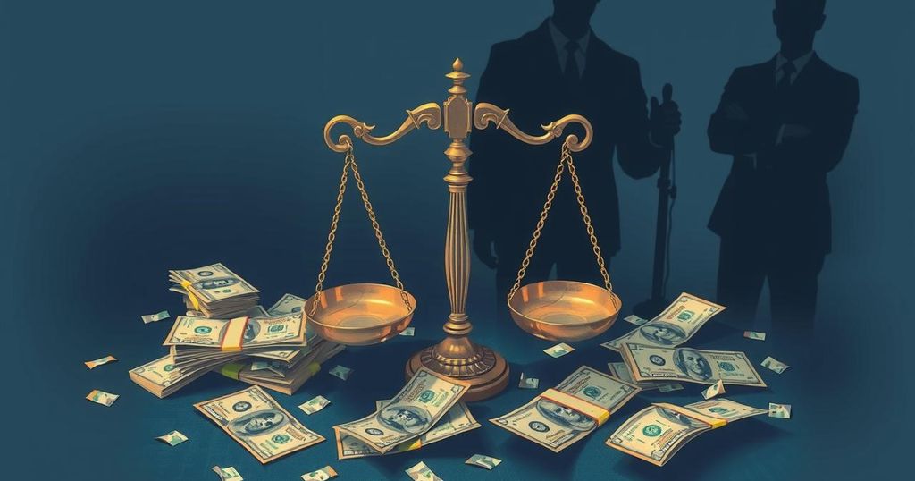 A symbolic representation of corruption with scales of justice and currency notes, using a contrast of dark and light colors.
