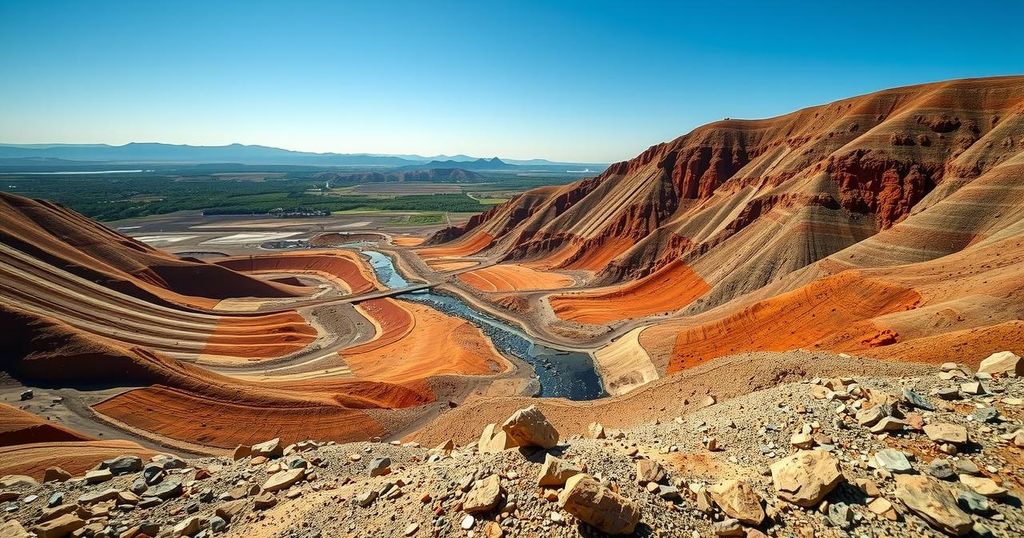 A scenic view of Sierra Leone showcasing large mineral deposits surrounded by lush greenery.