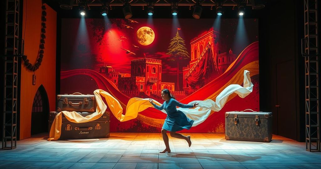 Artistic representation of theatre performances exploring themes of war and migration in Lebanon.