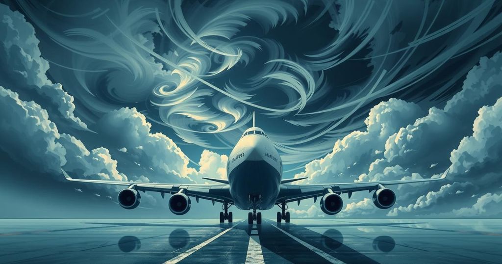 A Boeing 747 jet on a runway with dramatic clouds in a dynamic sky, symbolizing a political moment.