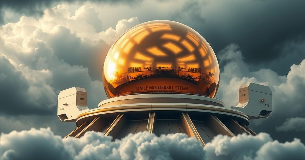 A futuristic missile defense system shaped like a golden dome under a cloudy sky.