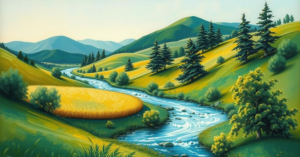 A vibrant landscape showcasing diverse ecosystems with natural elements representing climate and environmental themes.