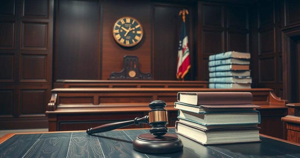 A courtroom scene depicting justice, featuring a gavel, legal books, and a solemn atmosphere with dark color tones.