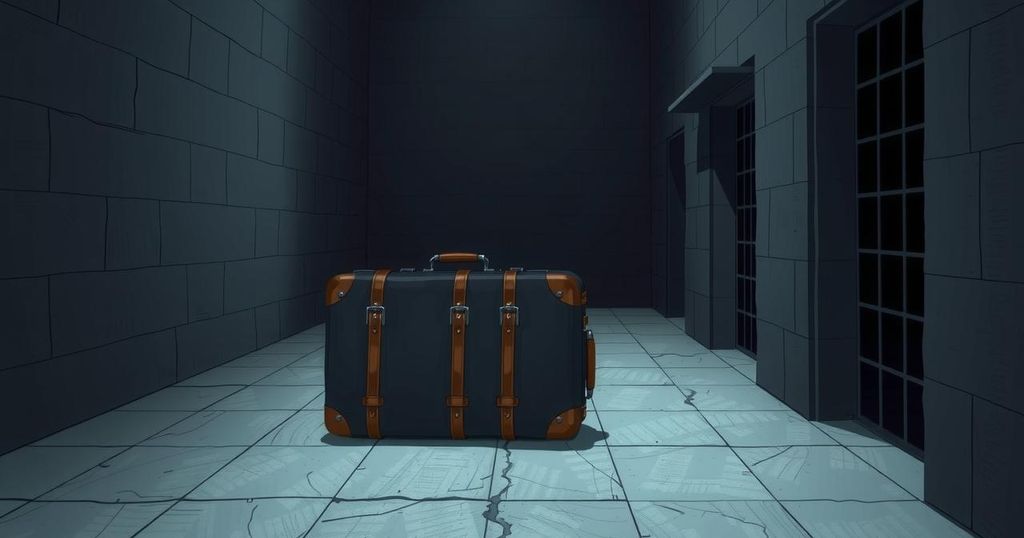 A dark, narrow prison cell with two suitcases and stark lighting, conveying a sense of confinement and tension.