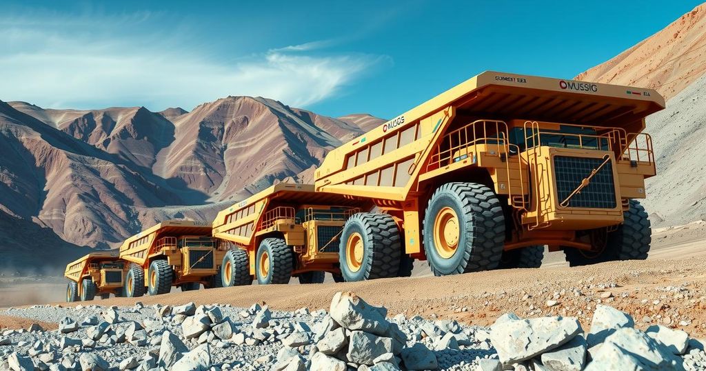 Autonomous mining trucks operating in a rugged mountainous terrain of Inner Mongolia, showcasing technology and innovation.