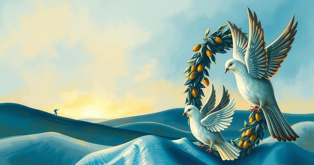 A peaceful representation of diplomacy between nations, featuring symbolic elements of Russia and Ukraine, with vibrant colors.